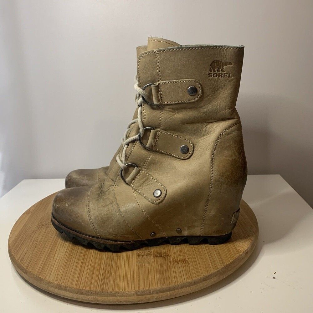 Sorel Joan of Arctic Tan Leather Hidden Heel Ankle Boots Womens Size 7 NL2132